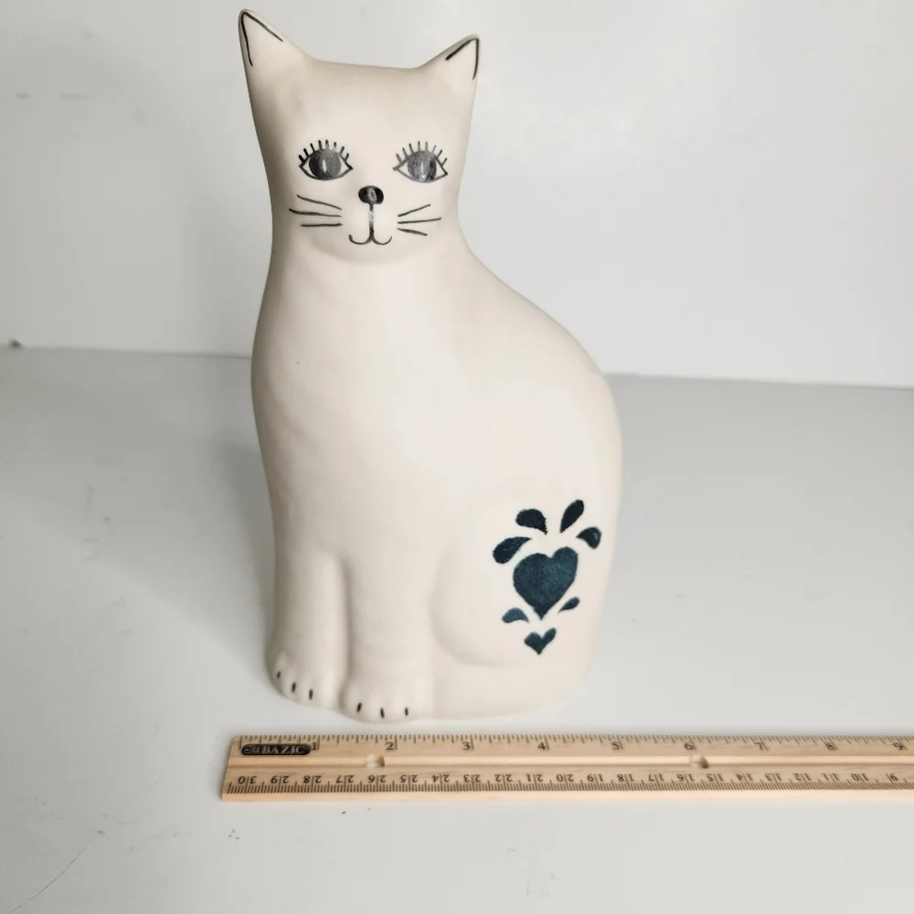 Vintage Ceramic White Sitting Cat with Blue Heart Figurine Statue 9.5